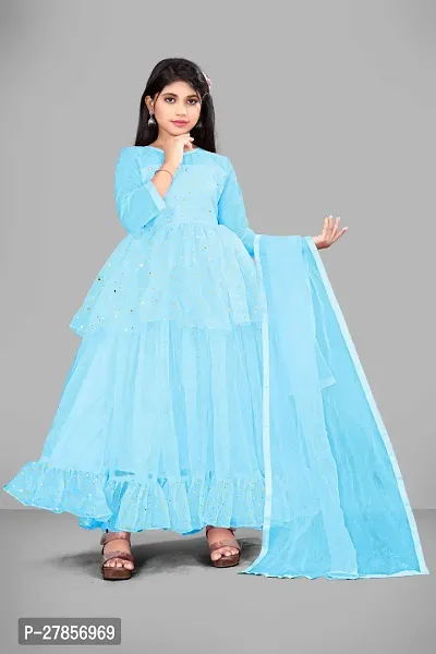 Stylish Blue Net Embellished Ethnic Gowns For Kis Girls-thumb2