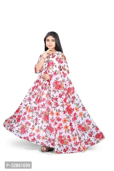 Fabulous White Georgette Printed Maxi Dress With Dupatta For Girls-thumb0