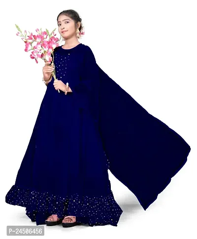 TEQVYZ Girl's Stylish net sequen Full Length Gown Dress Ethnic Gowns (11-12 Years, Blue)