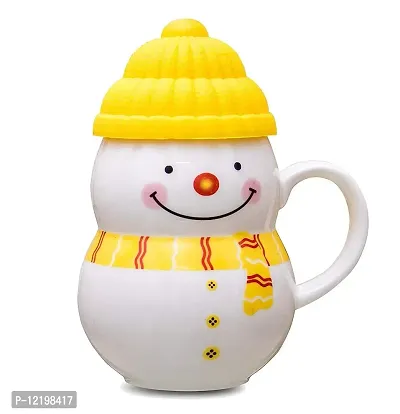 The Click India Ceramic Snowman Mug/Cup with Silicon Lid Cover Christmas Gifts for Kids Childrens Girls Coffee Mug/Cup-1 Piece 300 ml (Multicolor) (Yellow)