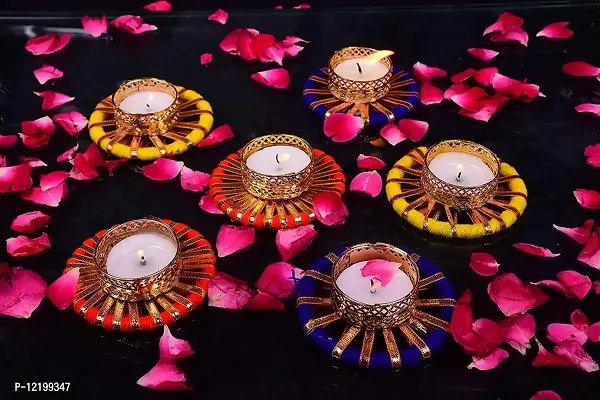 THE CLICK INDIA Plastic Metallic Diya Gota Patti Mix Colorful Flower Design Tealight Candle Holder for Diwali Home Decoration Christmas for Family and Friends - Pack of 6-thumb0