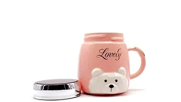 The Click India Teddy Ceramic Coffee Mug with Lid Valentine Day Gift for Boyfriend, Kids, Husband, Wife Mother, Father, Brother, Sister, Girlfriend 330 ml (Multi Color) (Creme Pink)-thumb1