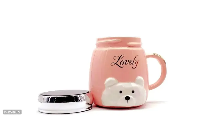 The Click India Teddy Ceramic Coffee Mug with Lid Valentine Day Gift for Boyfriend, Kids, Husband, Wife Mother, Father, Brother, Sister, Girlfriend 330 ml (Multi Color) (Creme Pink)-thumb2