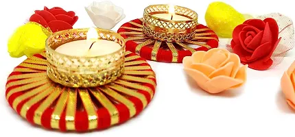 THE CLICK INDIA Plastic Metallic Diya Gota Patti Mix Colorful Flower Design Tealight Candle Holder for Diwali Home Decoration Christmas for Family and Friends - Pack of 6-thumb1