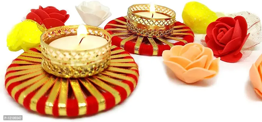 THE CLICK INDIA Plastic Metallic Diya Gota Patti Mix Colorful Flower Design Tealight Candle Holder for Diwali Home Decoration Christmas for Family and Friends - Pack of 6-thumb2