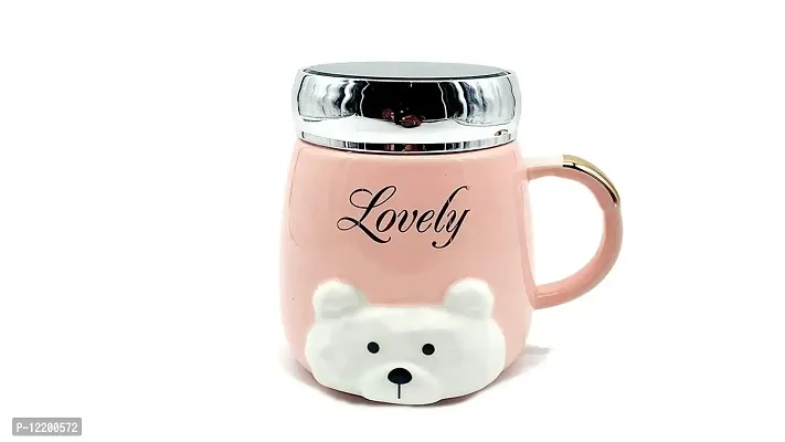 The Click India Teddy Ceramic Coffee Mug with Lid Valentine Day Gift for Boyfriend, Kids, Husband, Wife Mother, Father, Brother, Sister, Girlfriend 330 ml (Multi Color) (Creme Pink)