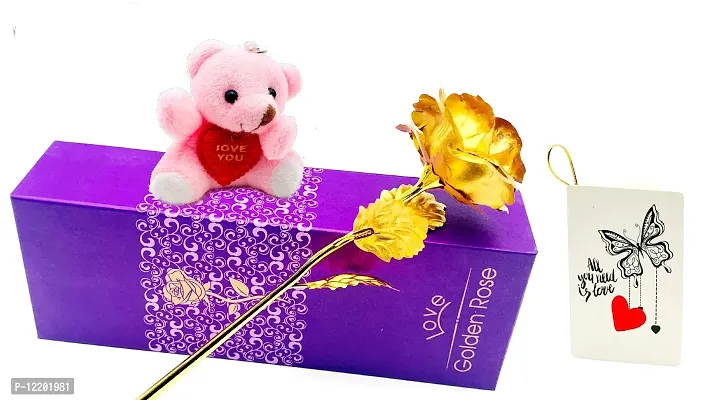 The Click India Valentine Gift Set for Girlfriend Wife Boyfriend Husband Gift for Birthday/Anniversary/Valentines Day (Valentine (24 k Rose with Teddy Keychain and msg Card))-thumb0