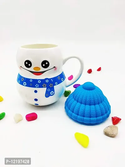 The Click India Ceramic Snowman Mug/Cup with Silicon Lid Cover Christmas Gifts for Kids Childrens Girls Coffee Mug/Cup-1 Piece 300 ml (Multicolor) (Blue)-thumb2