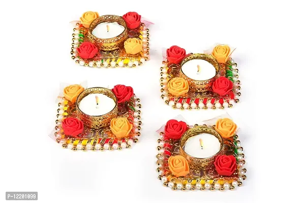 The Click India Metallic Diya Tea Light Candles Rose Flowers Colorful Flower Design Tealight Candle Holder, Diwali Decoration Items for Home Diwali Gift for Family and Friends(Pack of 4)