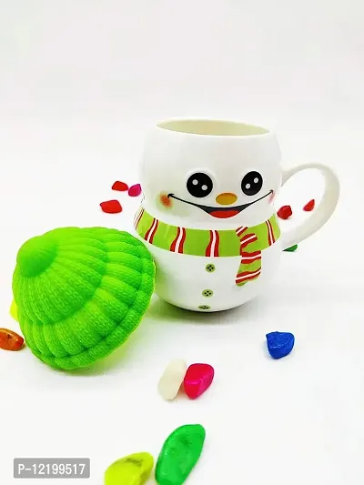 The Click India Ceramic Snowman Mug/Cup with Silicon Lid Cover Christmas Gifts for Kids Childrens Girls Coffee Mug/Cup-1 Piece 300 ml (Multicolor) (Green)