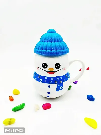 The Click India Ceramic Snowman Mug/Cup with Silicon Lid Cover Christmas Gifts for Kids Childrens Girls Coffee Mug/Cup-1 Piece 300 ml (Multicolor) (Blue)