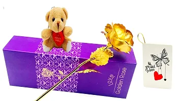 The Click India Valentine Gift Set for Girlfriend Wife Boyfriend Husband Gift for Birthday/Anniversary/Valentines Day (Valentine (24 k Rose with Teddy Keychain and msg Card))-thumb1