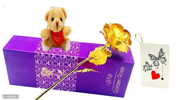 The Click India Valentine Gift Set for Girlfriend Wife Boyfriend Husband Gift for Birthday/Anniversary/Valentines Day (Valentine (24 k Rose with Teddy Keychain and msg Card))-thumb2