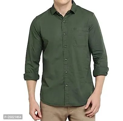 Stylish Olive Cotton Regular Fit Solid Casual Shirt For Men