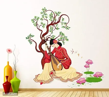 Printaart Chinese Girl Playing Lute Under The Tree PVC Vinyl Wall Sticker (50 cm x 70 cm x 1 cm Multicolour)