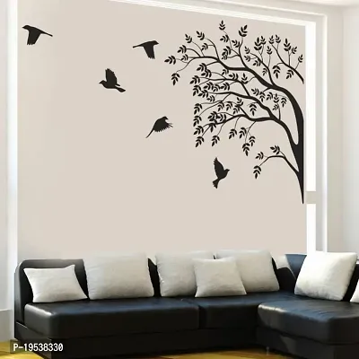 Printaart Monochrome Tree and Birds Wall Sticker (PVC Vinyl 60 cm x 90 cm Black)-thumb0