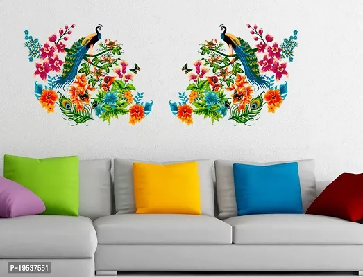 Printaart Peacock Birds on Branch Leaves Wall Sticker (PVC Vinyl 60 cm x 90 cm Multicolour) Animal