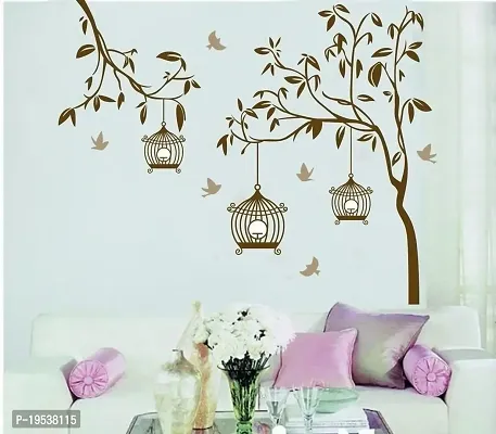 Printaart Tree with Birds and Cages Wall Sticker (PVC Vinyl 30 cm x 90 cm Brown) (7127)-thumb3