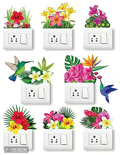 Printaart Multicolour Flower Switch Board Sticker and Birds ( 23.62 x 29.92 cm ) Pack of 8 Sticker