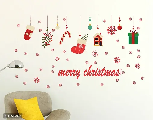 Printaart Marry Christmas Quote with Gifts and Light Wall Sticker (PVC Vinyl 60 cm x 45 cm)