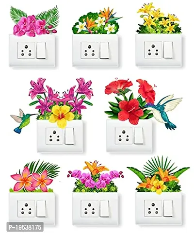 Printaart Flower Wall Art Switch Panel Board Sticker and Birds ( 30 x 30 ) cm Multicolour Pack of 8 Sticker