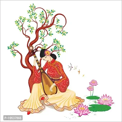 Printaart Chinese Girl Playing Lute Under The Tree Wall Sticker for Kids for Living Bed Room Office Space PVC Vinyl (65 cm x 50 cm)