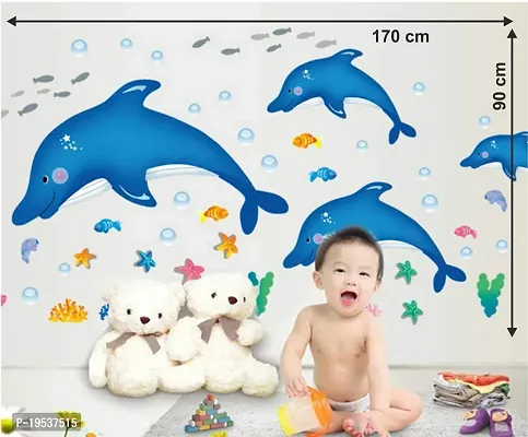 Printaart Cartoon Dolphins Star Fish Underwater Creatures Wall Sticker (PVC Vinyl 90 cm x 60 cm) Multicolour (6900018)-thumb2