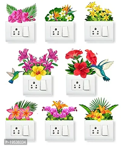 Printaart Flower Switch Board Panel Sticker and Birds ( 23.62 x 29.92 x 0.39 ) cm Multicolour Pack of 8 Sticker
