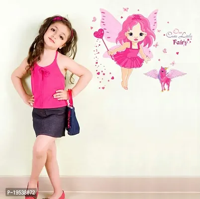 Printaart Baby Girl Cartoon Cute Princess in Pink with Butterfly Wings and Unicorn Wall Sticker (PVC Vinyl 60 cm x 45 cm x 1 cm) (6400014)