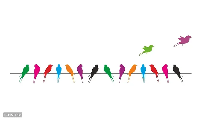 Printaart Colourful Birds with Long Tail on Wire Wall Sticker (PVC Vinyl 70 cm x 25 cm Multicolour)-thumb0