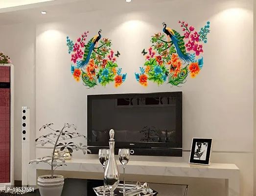 Printaart Peacock Birds on Branch Leaves Wall Sticker (PVC Vinyl 60 cm x 90 cm Multicolour) Animal-thumb3