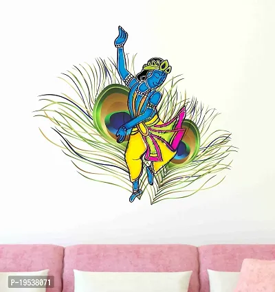 Printaart Dancing Krishna God with Peacock Feather Background Wall Sticker (PVC Vinyl 50 cm x 70 cm) Multicolour-thumb0