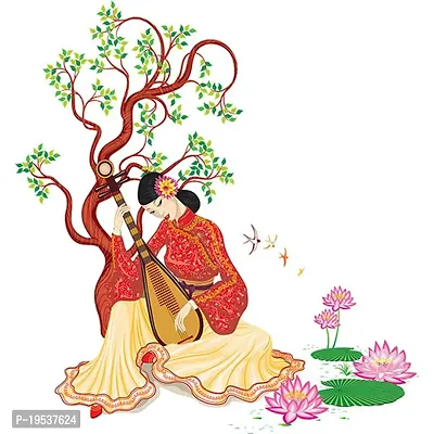 Printaart Wall Sticker for Living Bed Dining Room Offices Chinese Girl Playing Lute Under The Tree Wall Sticker 0.39 x 43.3 x 43.3 Inches(60 cm x 50 cm x 60 cm Multicolour)