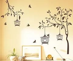 Printaart Tree with Birds and Cages Wall Sticker (PVC Vinyl 30 cm x 90 cm Brown) (7127)-thumb1