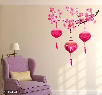 Printaart Chinese Lamps Lantern on Floral Branch Wall Sticker (PVC Vinyl 90 cm x 60 cm Multicolour) Botanical-thumb0