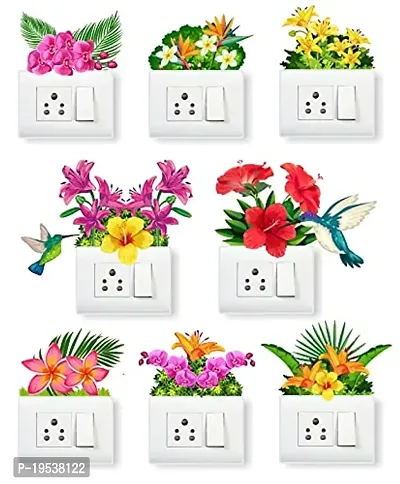 Printaart Wall Art PVC Vinyl Flower Switch Board Sticker and Birds (30 x 30 cm) Multicolour Pack of 8 Sticker-thumb0