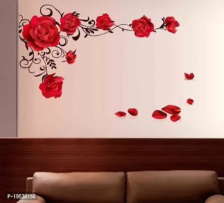 Printaart Rose Flowers with Vine Blowing on My Wall Wall Sticker (PVC Vinyl 60 cm x 90 cm x 1 cm Multicolour) Botanical-thumb0