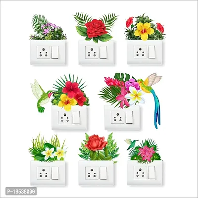 Printaart Switch Panel Board Flower and Birds Sticker Pack of 8 Sticker( 30 x 30 cm Multicolour )