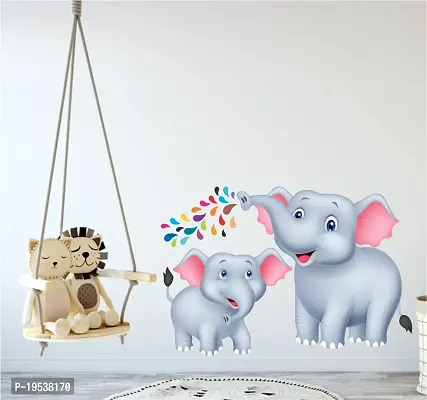 Printaart Vinyl Animated Cartoon 3D Sweet Adorable Elephant Wall Sticker Best Suited for Kids Living Room (65 cm x 50 cm Multicolor)-thumb3