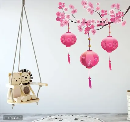 Printaart Chinese Lamps Lantern on Floral Branch Beautiful Wall Sticker for Kids for Living Bed Room Office Space PVC Vinyl (65 cm x 50 cm)-thumb2