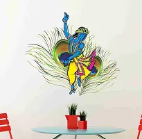 Printaart Dancing Krishna God with Peacock Feather Background Wall Sticker (PVC Vinyl 50 cm x 70 cm) Multicolour-thumb2