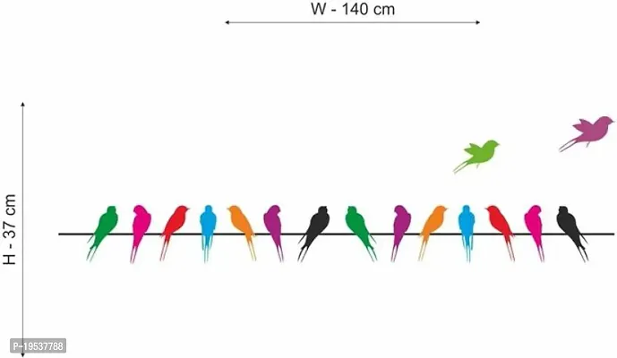 Printaart Colourful Birds with Long Tail on Wire Wall Sticker (PVC Vinyl 70 cm x 25 cm Multicolour)-thumb2