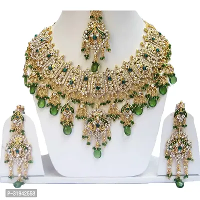 Elegant Gold Plated Alloy Zircon Necklace Earrings and Maang Tikka Jewelry Set-thumb0