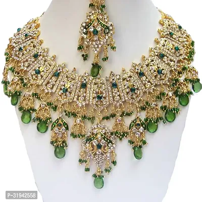 Elegant Gold Plated Alloy Zircon Necklace Earrings and Maang Tikka Jewelry Set-thumb3