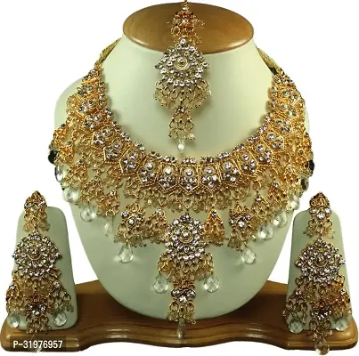 Elegant Zircon Gold Plated Wedding Necklace With Earrings And Tikka Jewelry Set