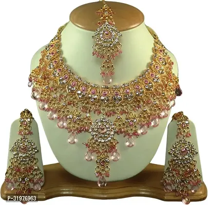 Elegant Zircon Gold Plated Wedding Necklace With Earrings And Tikka Jewelry Set