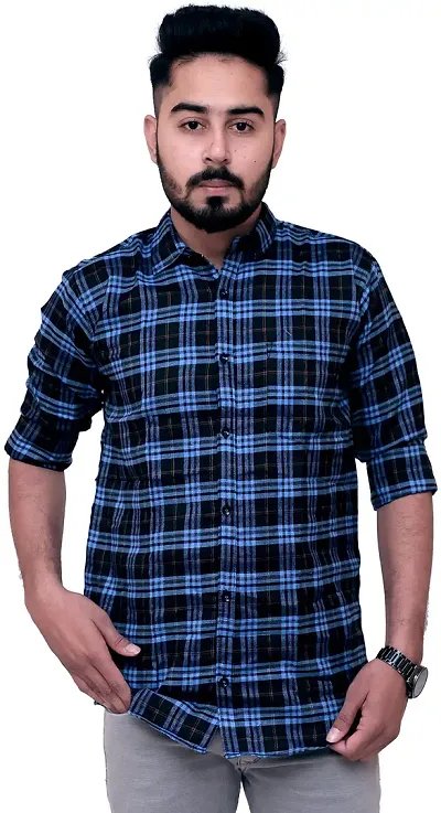 REBANTA Mens Casual Shirt Checks/Plaids Shirt Office Wear (Large) Blue Black