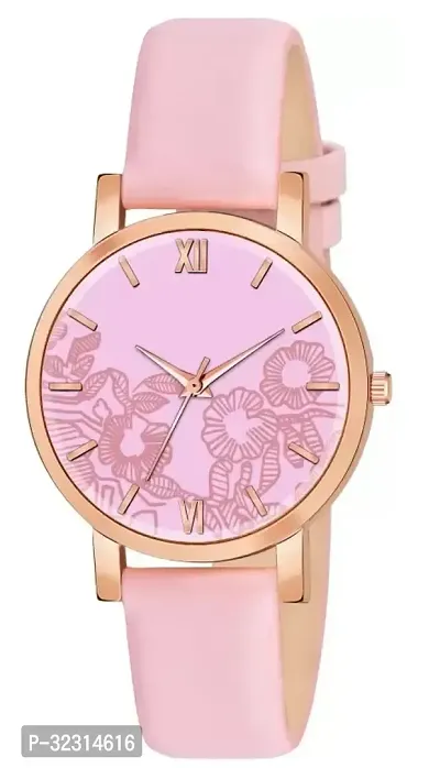 Stylish Pink Synthetic Leather Analog Watches For Women