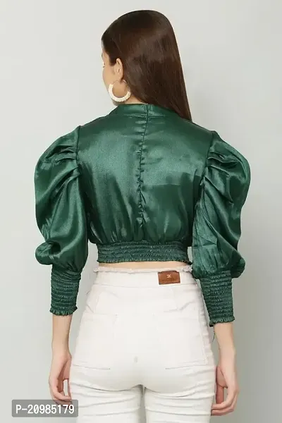 Artista Girl Womens Georgette Mock Neck Regular Fit Solid Crop Top (Emerald Green)-thumb2