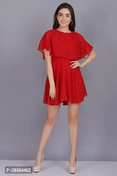Artista Girl Womens Crepe Round Neck Fit  Flare Polka Dot Print Dress (Red)-thumb2